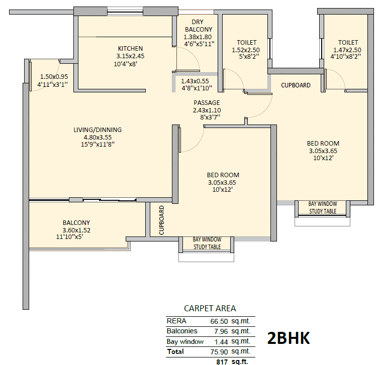 2 BHK floor plan, Tower NT3