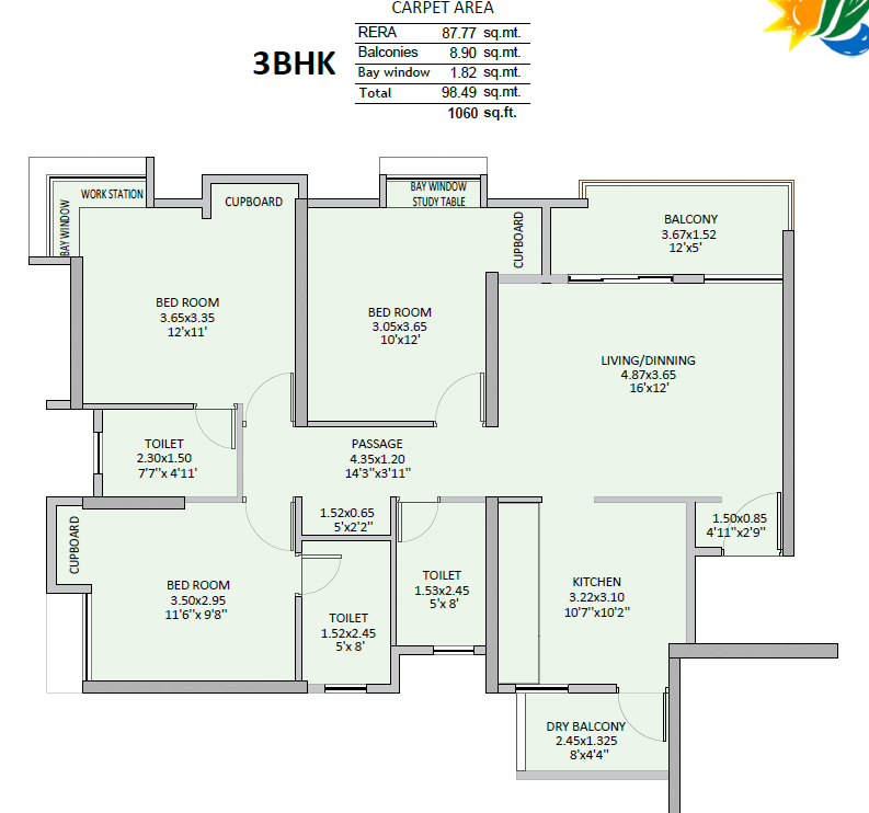 3 BHK floor plan, Tower NT3